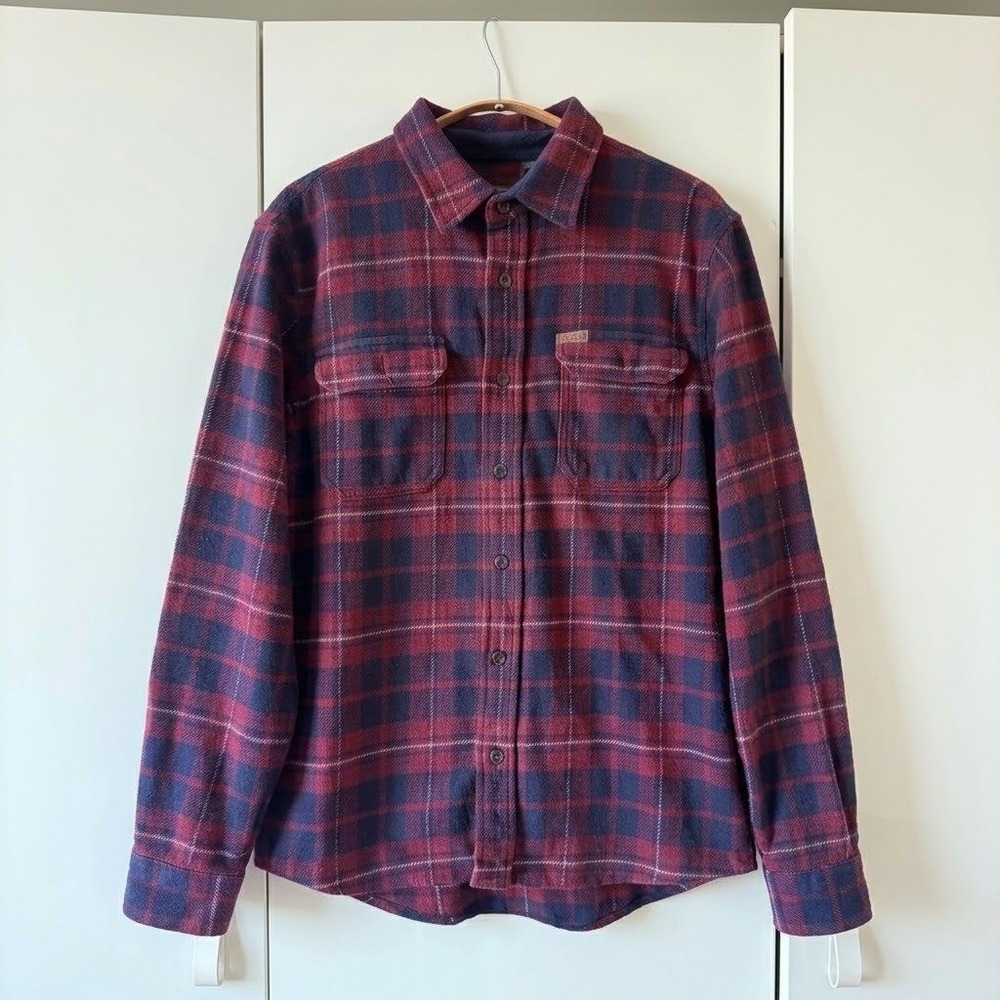 Orvis Red Navy Plaid Fleece Lined Flannel Shirt Cotton Mens M